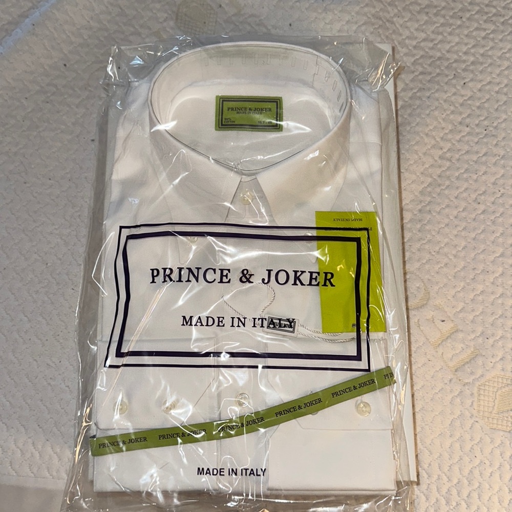 Men’s Italian white dress shirt, size 15.7/40, Prince and Joker